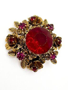 Vintage Signed Austria Red Crystal Rhinestone Floral Statement Brooch